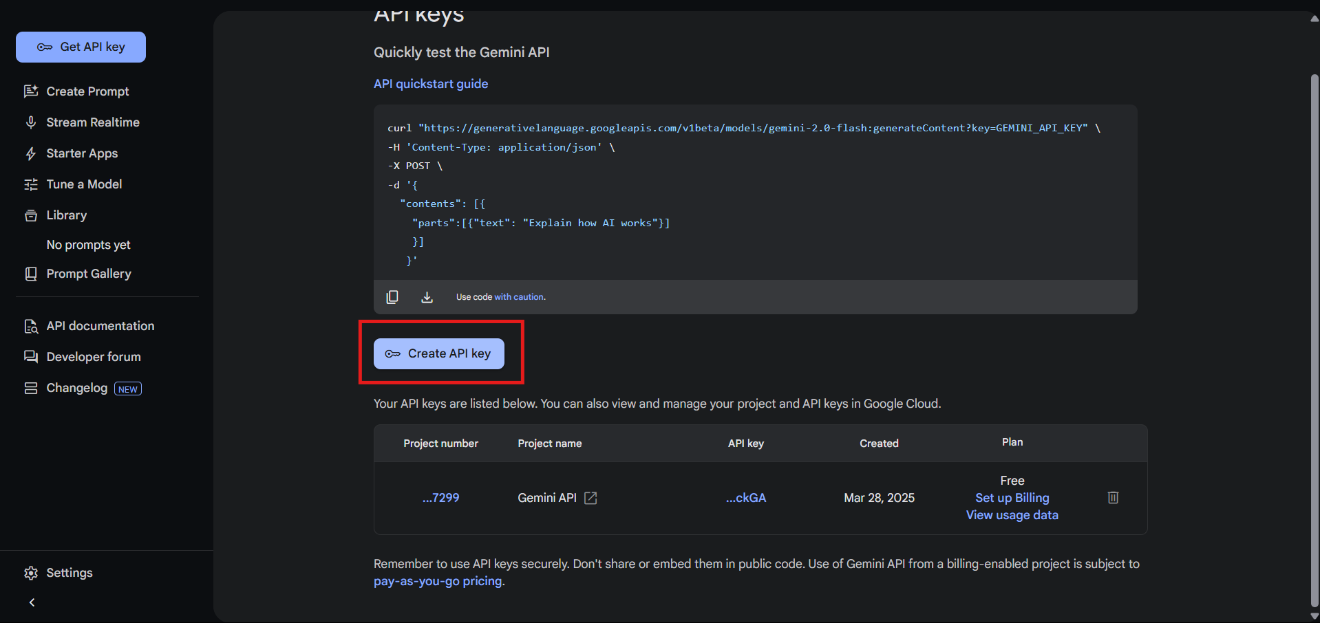 Create API Key Button